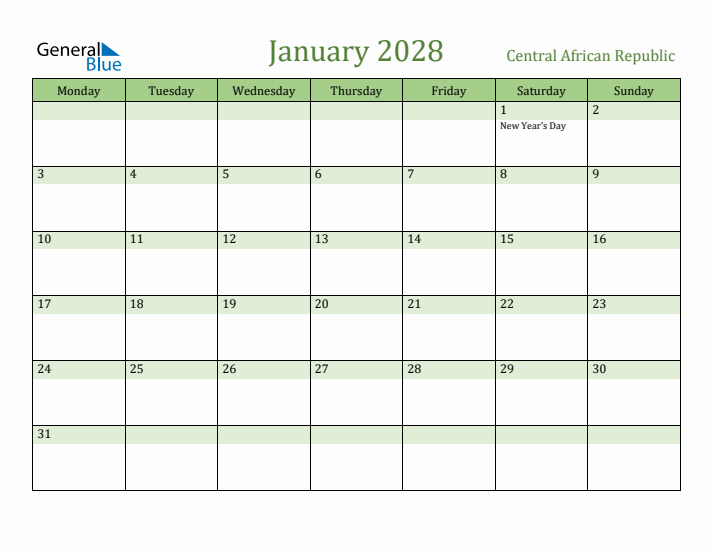January 2028 Calendar with Central African Republic Holidays
