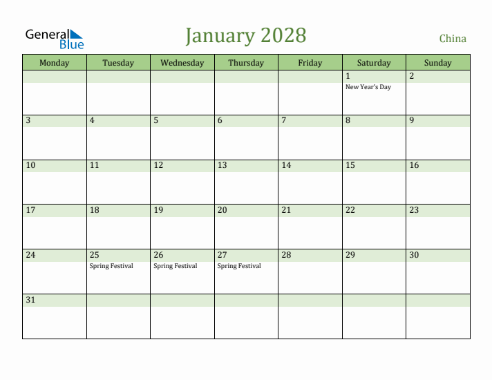 January 2028 Calendar with China Holidays