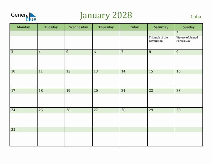 January 2028 Calendar with Cuba Holidays
