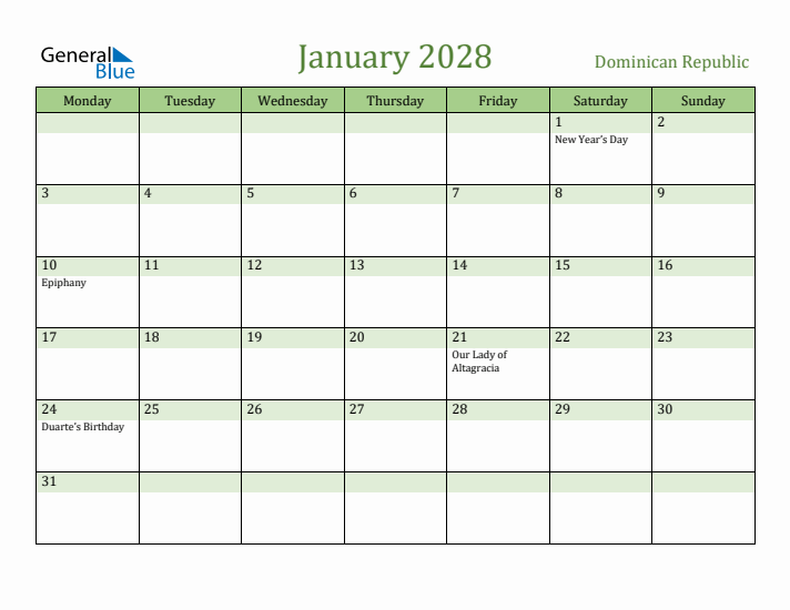 January 2028 Calendar with Dominican Republic Holidays