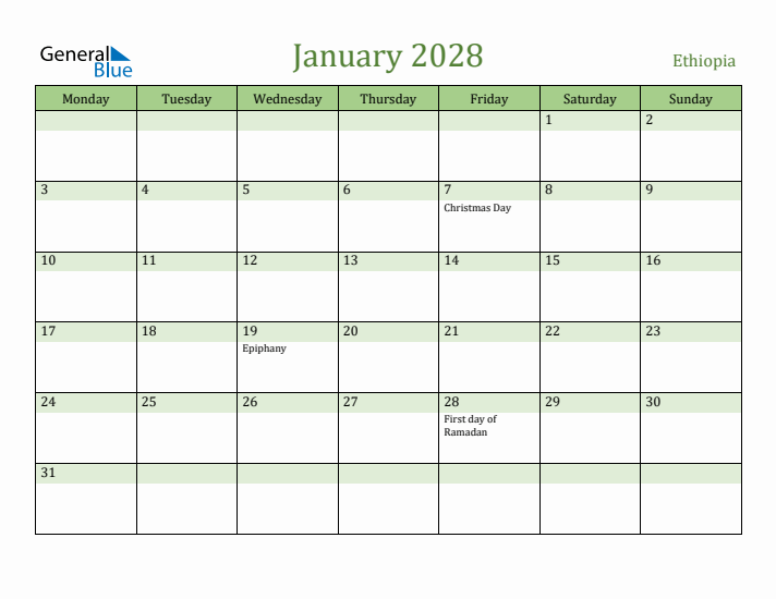 January 2028 Calendar with Ethiopia Holidays