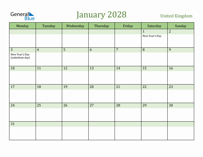 January 2028 Calendar with United Kingdom Holidays