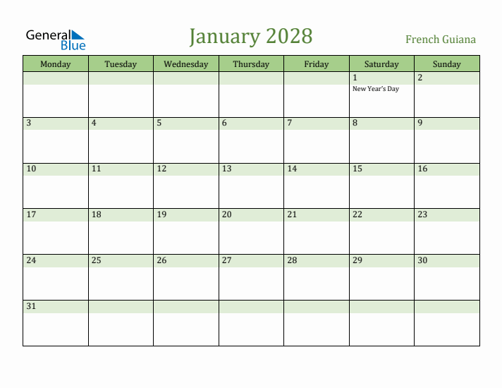 January 2028 Calendar with French Guiana Holidays