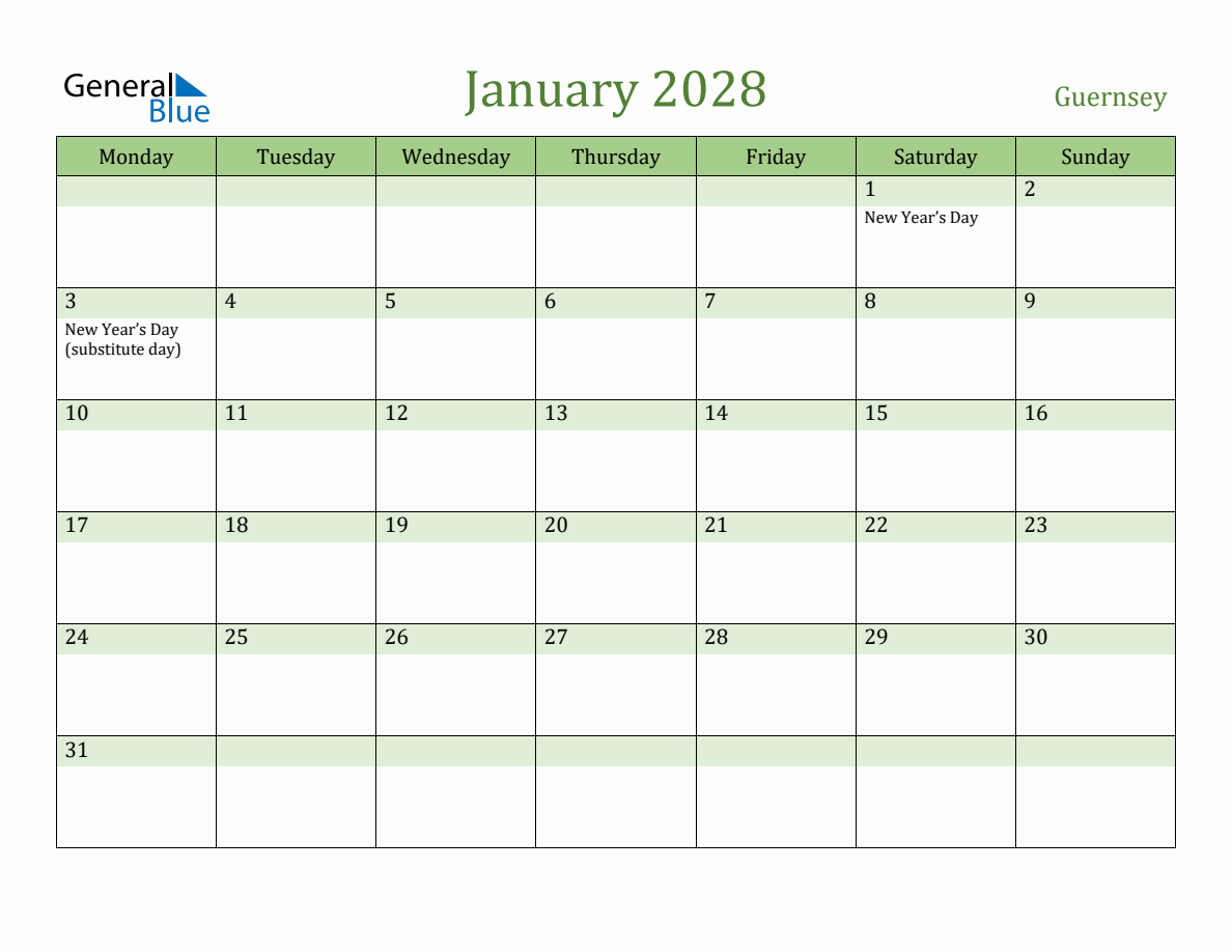 Fillable Holiday Calendar For Guernsey January 2028