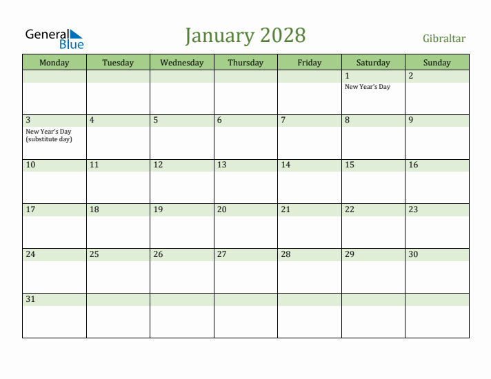 January 2028 Calendar with Gibraltar Holidays