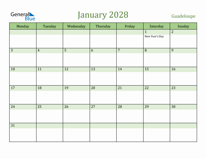 January 2028 Calendar with Guadeloupe Holidays