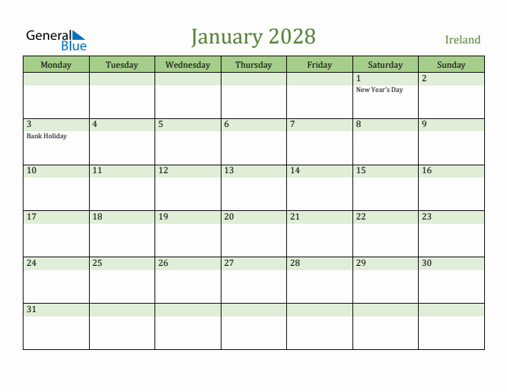 January 2028 Calendar with Ireland Holidays