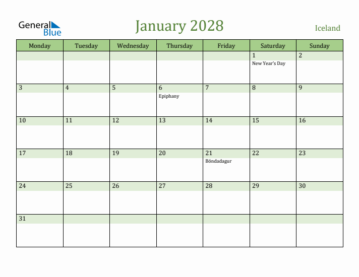January 2028 Calendar with Iceland Holidays