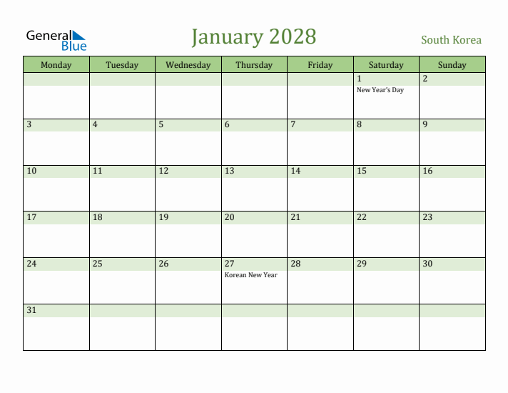 January 2028 Calendar with South Korea Holidays