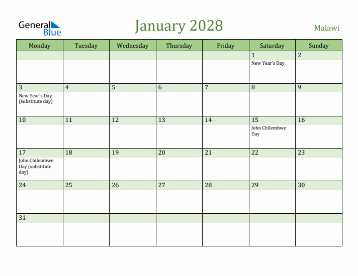 January 2028 Calendar with Malawi Holidays