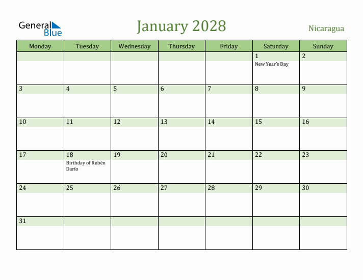 January 2028 Calendar with Nicaragua Holidays