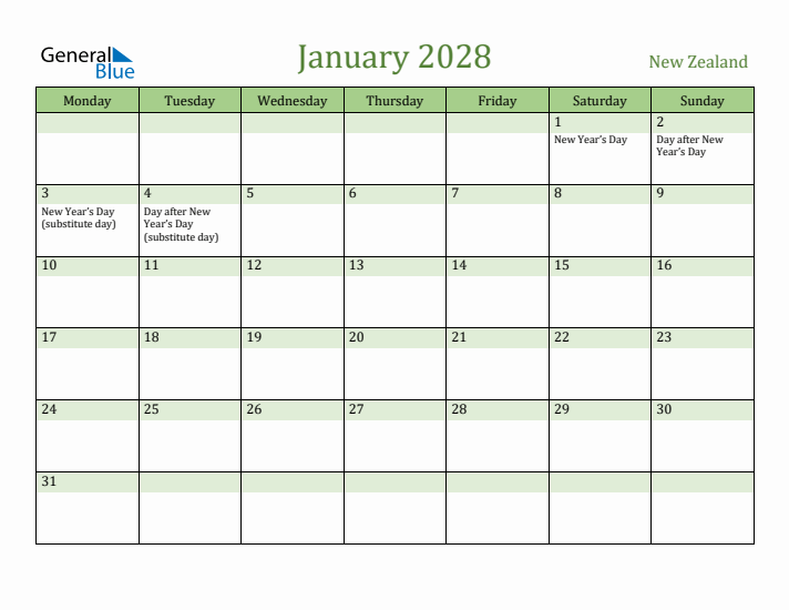 January 2028 Calendar with New Zealand Holidays