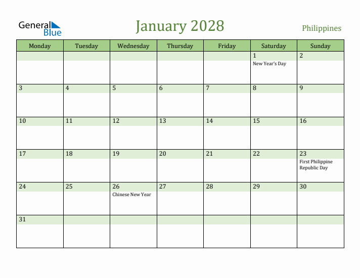 January 2028 Calendar with Philippines Holidays