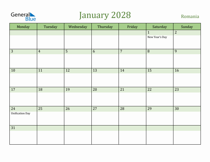 January 2028 Calendar with Romania Holidays