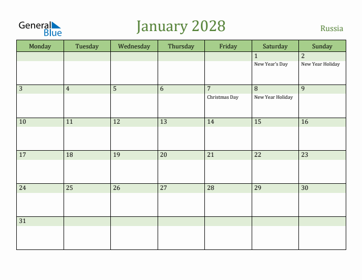 January 2028 Calendar with Russia Holidays
