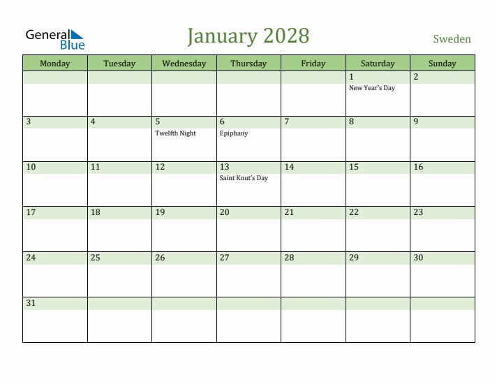 January 2028 Calendar with Sweden Holidays