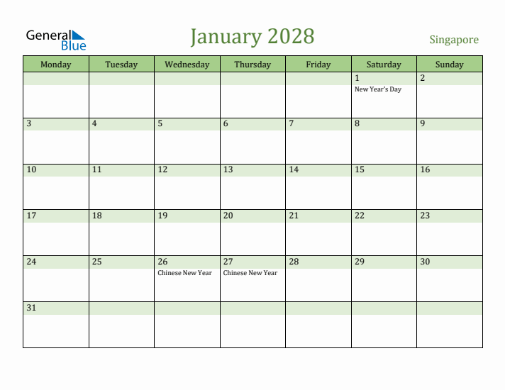 January 2028 Calendar with Singapore Holidays