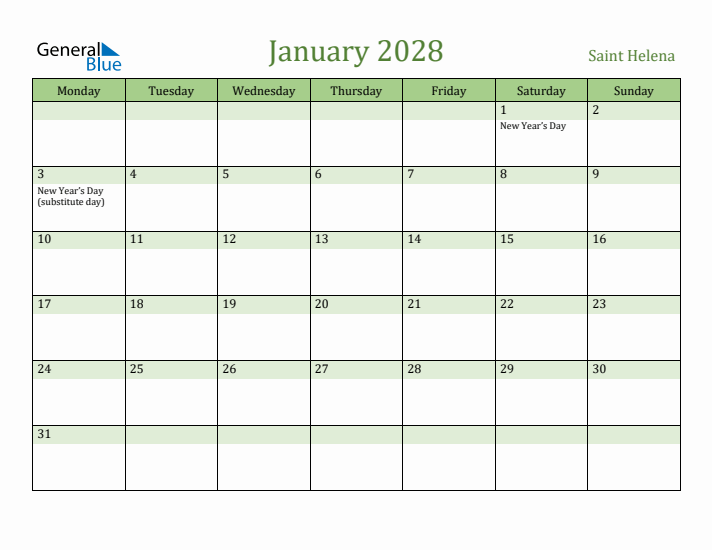 January 2028 Calendar with Saint Helena Holidays