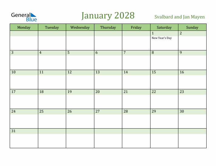 January 2028 Calendar with Svalbard and Jan Mayen Holidays
