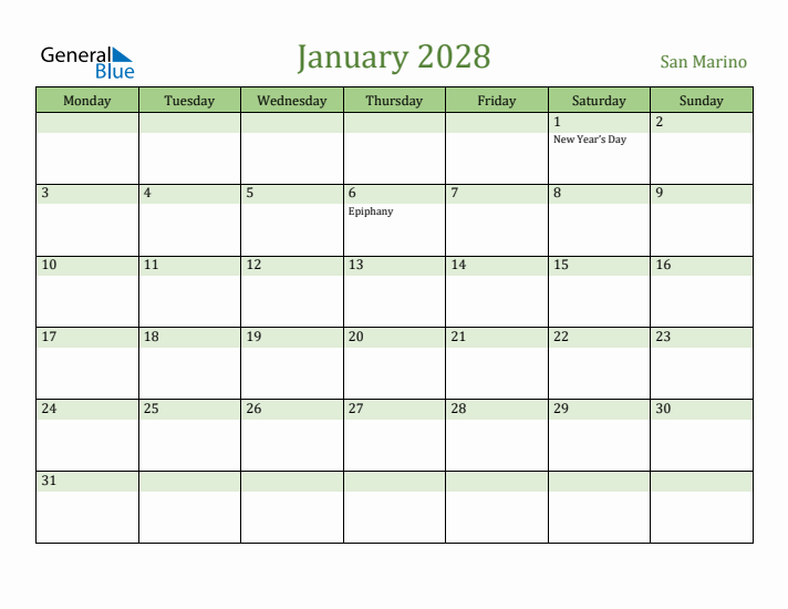 January 2028 Calendar with San Marino Holidays