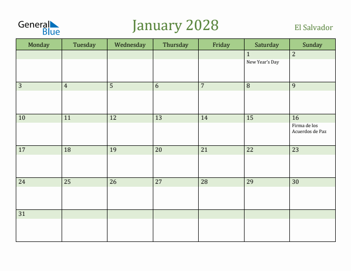 January 2028 Calendar with El Salvador Holidays