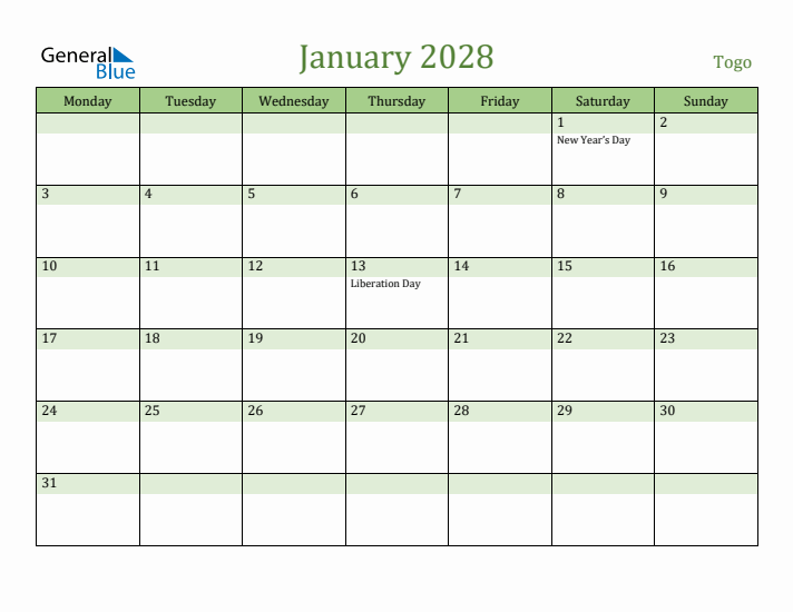 January 2028 Calendar with Togo Holidays