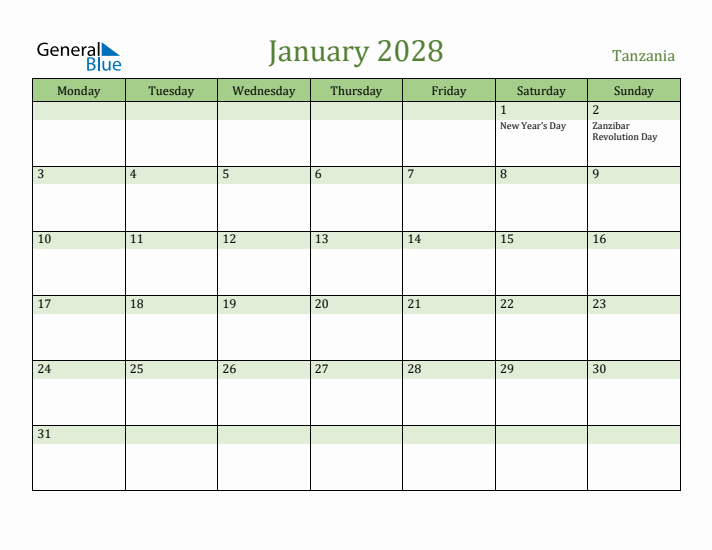 January 2028 Calendar with Tanzania Holidays