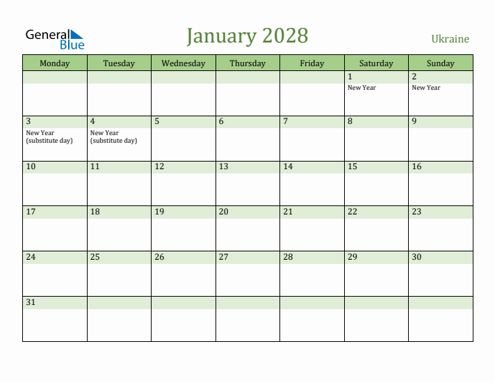 January 2028 Calendar with Ukraine Holidays