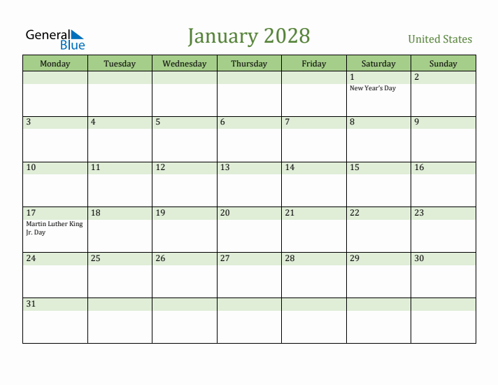 January 2028 Calendar with United States Holidays