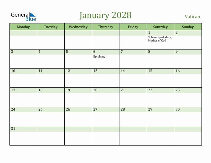 January 2028 Calendar with Vatican Holidays