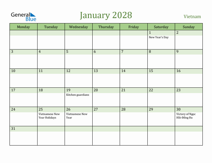 January 2028 Calendar with Vietnam Holidays