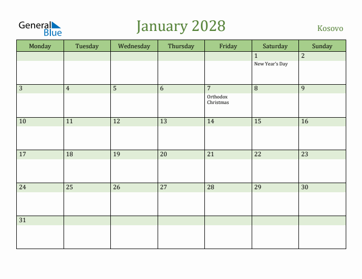 January 2028 Calendar with Kosovo Holidays