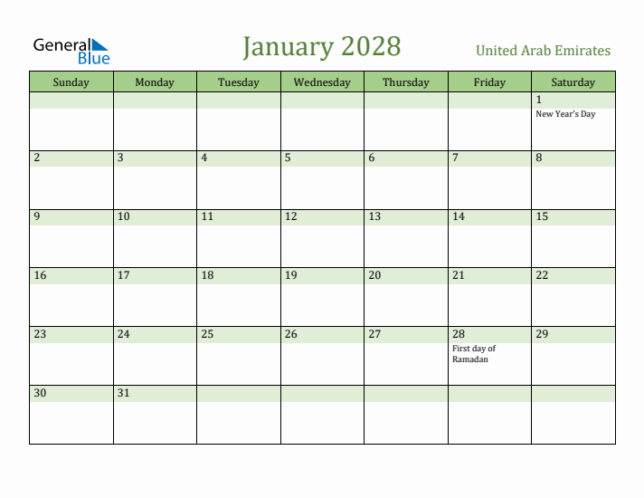 January 2028 Calendar with United Arab Emirates Holidays