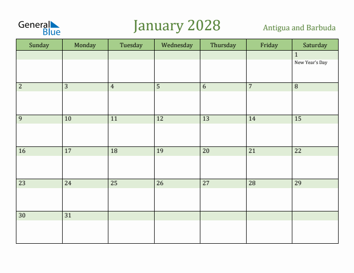 January 2028 Calendar with Antigua and Barbuda Holidays