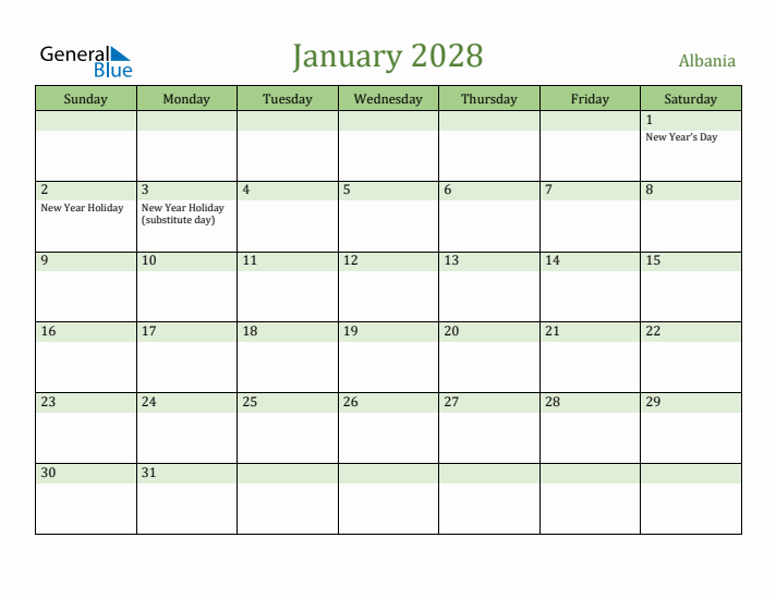 January 2028 Calendar with Albania Holidays