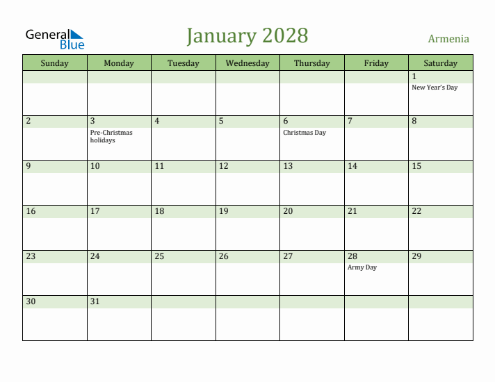 January 2028 Calendar with Armenia Holidays