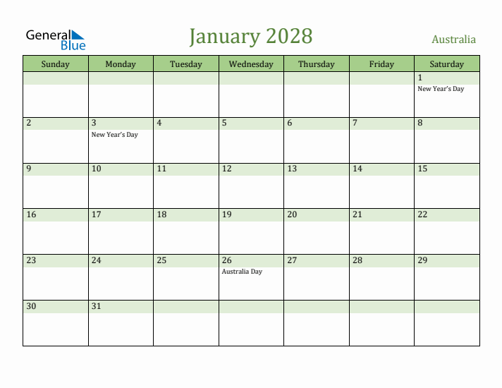 January 2028 Calendar with Australia Holidays