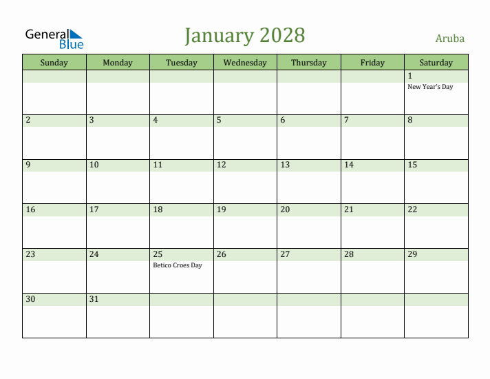 January 2028 Calendar with Aruba Holidays