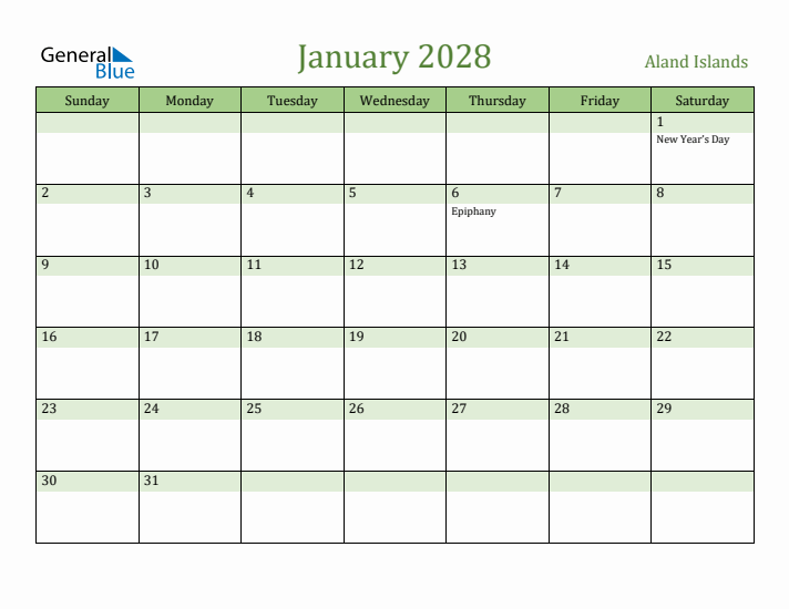 January 2028 Calendar with Aland Islands Holidays