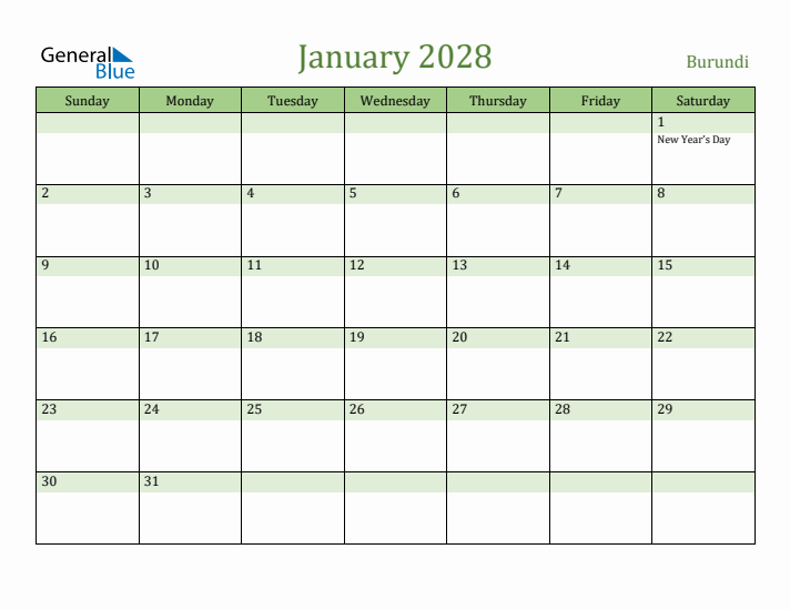 January 2028 Calendar with Burundi Holidays
