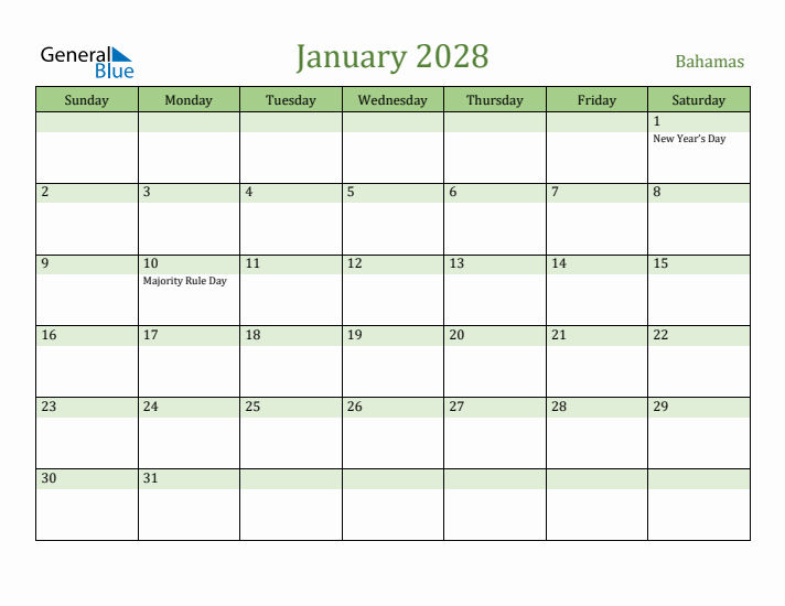 January 2028 Calendar with Bahamas Holidays