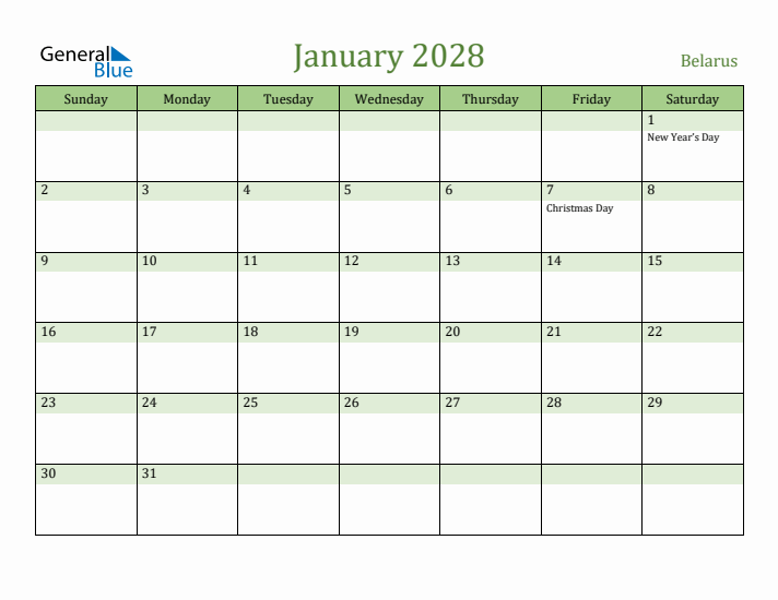 January 2028 Calendar with Belarus Holidays