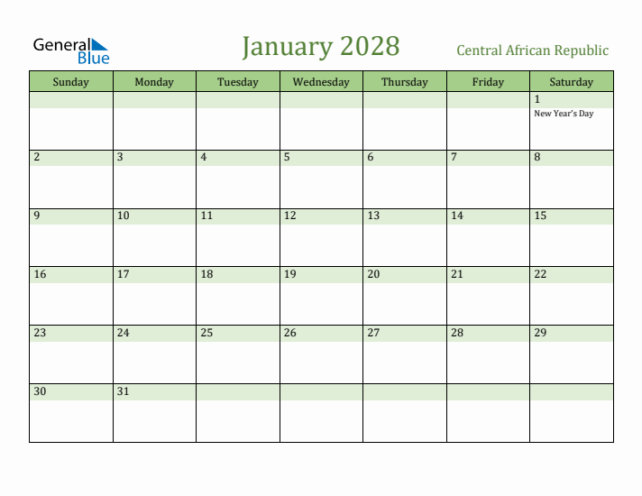 January 2028 Calendar with Central African Republic Holidays