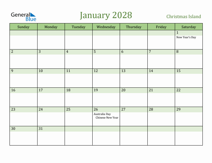 January 2028 Calendar with Christmas Island Holidays