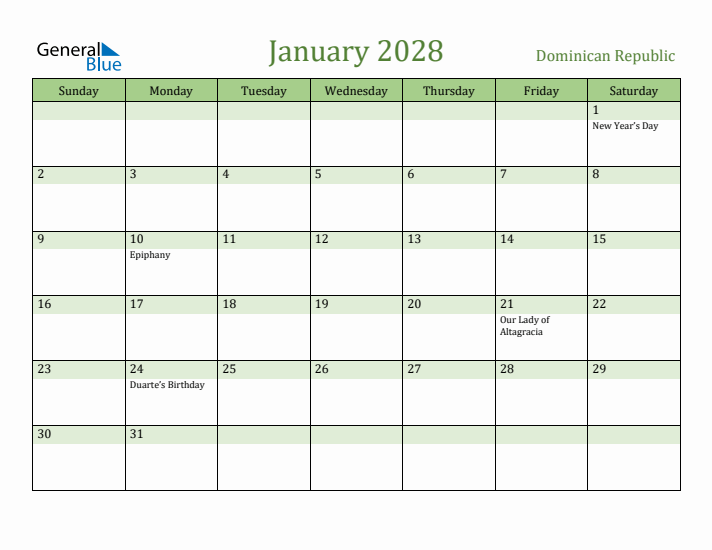 January 2028 Calendar with Dominican Republic Holidays