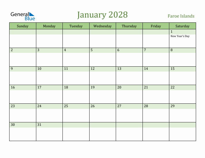 January 2028 Calendar with Faroe Islands Holidays