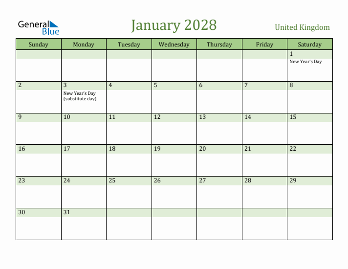 January 2028 Calendar with United Kingdom Holidays