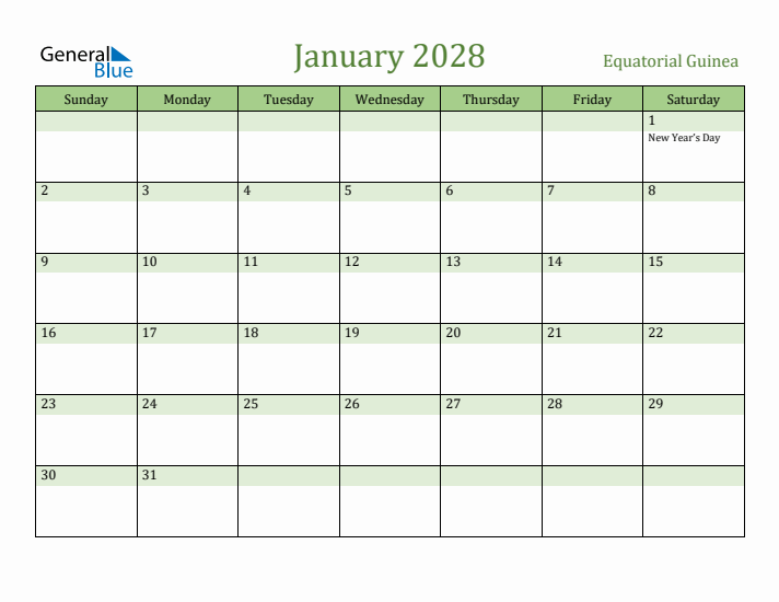 January 2028 Calendar with Equatorial Guinea Holidays