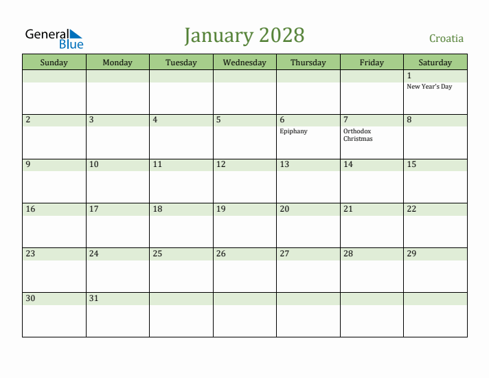 January 2028 Calendar with Croatia Holidays