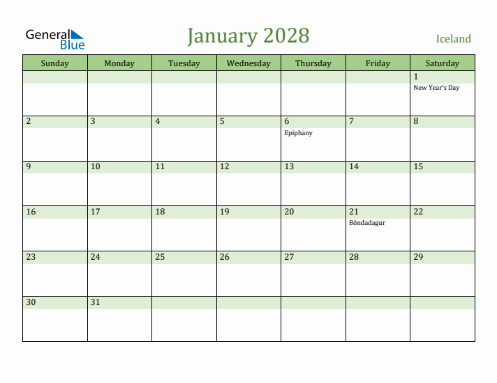 January 2028 Calendar with Iceland Holidays